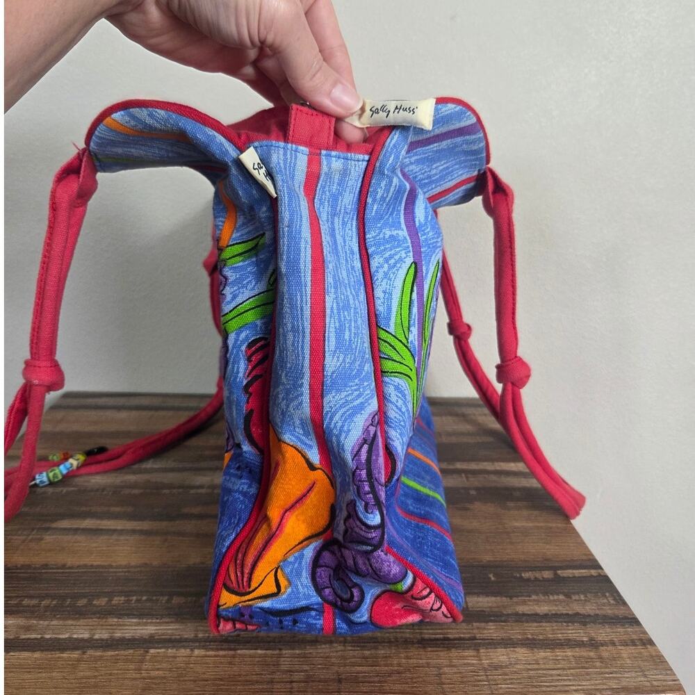 Vintage Sally Huss Sea Life Colorful Tote Bag with Wooden Sea Horse Charm Artsy - Picture 10 of 11